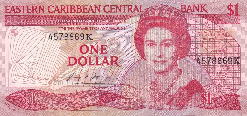 East Caribbean States, 1 Dollar, 1985/1988, UNC, p17k
Queen Elizabeth II. Potra...