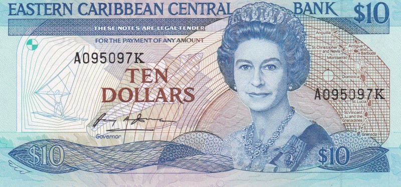 East Caribbean States, 10 Dollars, 1985/1993, UNC, p23k1
Queen Elizabeth II. Po...