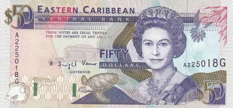 East Caribbean States, 50 Dollars, 1993, UNC, p29g
Queen Elizabeth II. Potrait...