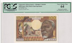 Equatorial African States, 100 Francs, 1963, UNC, p3as, SPECIMEN
PCGS 64
Estimate: USD 400-800