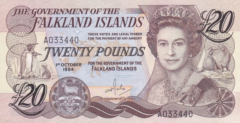 Falkland Islands, 20 Pounds, 1984, UNC, p15a
Queen Elizabeth II. Potrait
Estim...