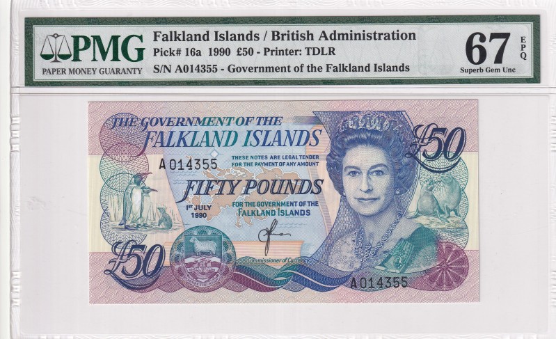 Falkland Islands, 50 Pounds, 1990, UNC, p16a
PMG 67 EPQ, High condition
Estima...