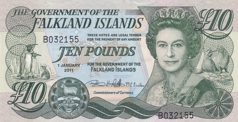 Falkland Islands, 10 Pounds, 2011, UNC, p18
Queen Elizabeth II. Potrait
Estima...