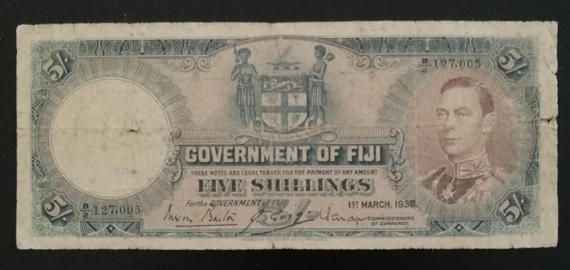 Fiji, 5 Shillings, 1938, FINE(-), p37b
There are stains, opening and tears
Est...