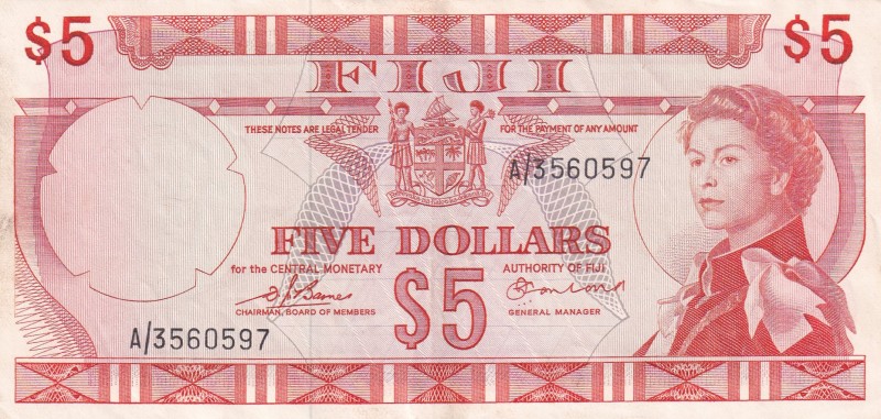 Fiji, 5 Dollars, 1974, XF, p73b
Portrait of Queen Elizabeth II
Estimate: USD 7...