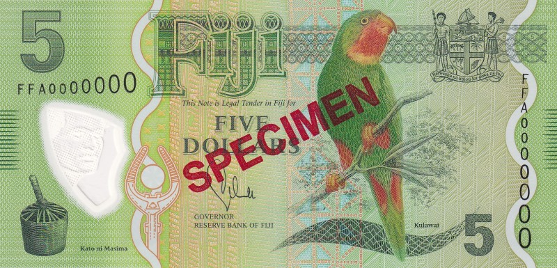 Fiji, 5 Dollars, 2013, UNC, p115s, SPECIMEN
Polymer plastics banknote
Estimate...