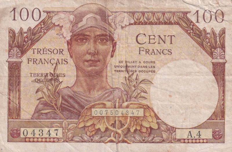 France, 100 Francs, 1947, FINE, pM9
There are spots and large tears in the curb...