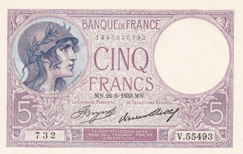 France, 5 Francs, 1933, UNC, p72e
Estimate: USD 25-50