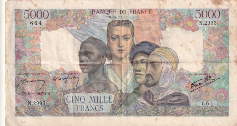 France, 5.000 Francs, 1947, VF(+), p103c
Pinholes, tears and small break in upp...