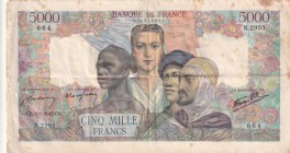 France, 5.000 Francs, 1947, VF(+), p103c
Pinholes, tears and small break in upper left corner
Estimate: USD 50-100