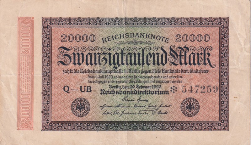 Germany, 20.000 Mark, 1923, VF(+), p85a