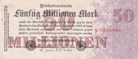 Germany, 50 Millionen Mark, 1923, AUNC(-), p98
Slightly stained.