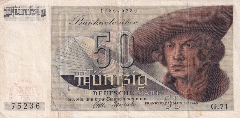 Germany - Federal Republic, 50 Deutsche Mark, 1948, VF, p141l
There are stained...