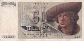 Germany - Federal Republic, 50 Deutsche Mark, 1948, VF, p141l
There are stained and tape.
Estimate: USD 50-100