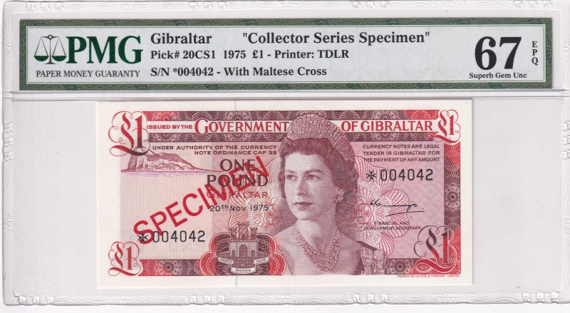 Gibraltar, 1 Pound, 1975, UNC, p20CS1, SPECIMEN
PMG 67 EPQ, High condition
Est...