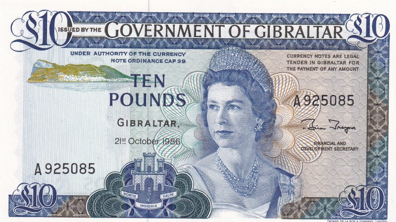 Gibraltar, 10 Pounds, 1986, UNC, p22b
Queen Elizabeth II. Potrait
Estimate: US...