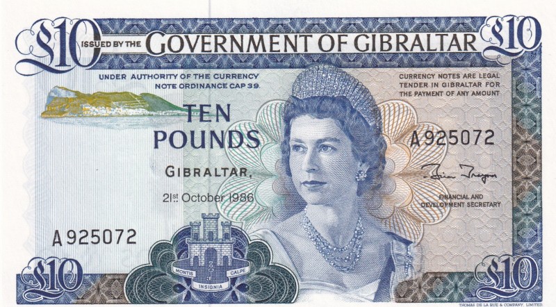 Gibraltar, 10 Pounds, 1986, UNC, p22b
Queen Elizabeth II. Potrait
Estimate: US...