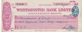 Great Britain, 1942, Cheque
Westminster Bank
Estimate: USD 100-200