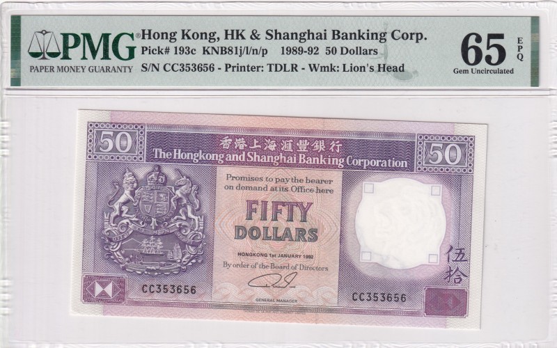 Hong Kong, 50 Dollars, 1989/1992, UNC, p193c
PMG 65 EPQ
Estimate: USD 50-100