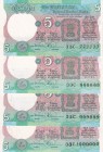 India, 5 Rupees, 1975, , p80q, (Total 4 banknotes)
6 Radar Team, Same letter-digit
Estimate: USD 400-800