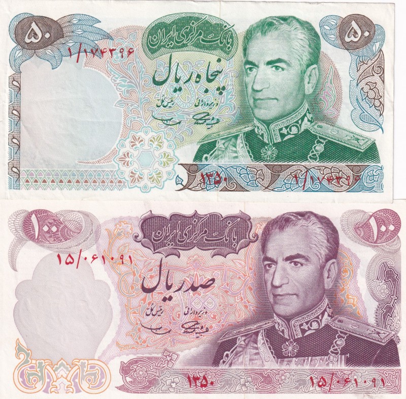 Iran, 50-100 Rials, 1971, p97; p98, (Total 2 banknotes)
50 Rials, XF; 100 Rials...