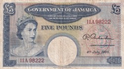 Jamaica, 5 Pounds, 1960, VF(+), p48b
Queen Elizabeth II. Potrait
Estimate: USD 1.500-3.000