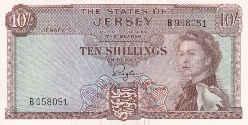 Jersey, 10 Shillings, 1963, UNC(-), p7a
Queen Elizabeth II. Potrait
Estimate: ...