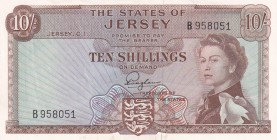 Jersey, 10 Shillings, 1963, UNC(-), p7a
Queen Elizabeth II. Potrait
Estimate: USD 50-100