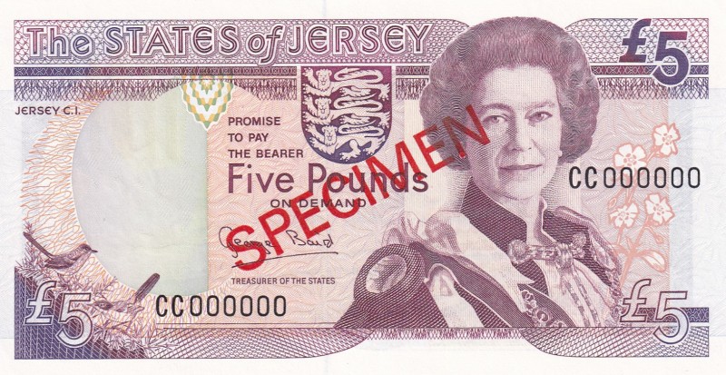 Jersey, 5 Pounds, 1993, UNC, p21s, SPECIMEN
Queen Elizabeth II. Potrait
Estima...