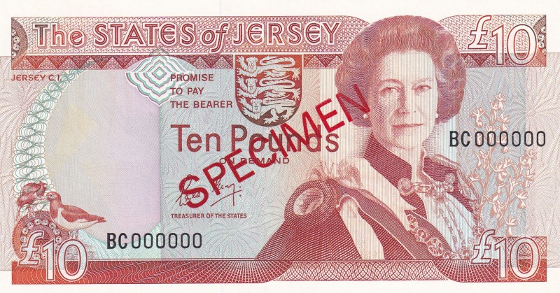Jersey, 10 Pounds, 1993, UNC, p22s, SPECIMEN
Queen Elizabeth II. Potrait
Estim...