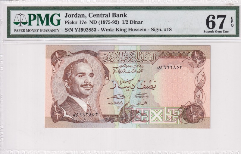 Jordan, 1/2 Dinar, 1975/1992, UNC, p17e
PMG 67 EPQ, High condition
Estimate: U...