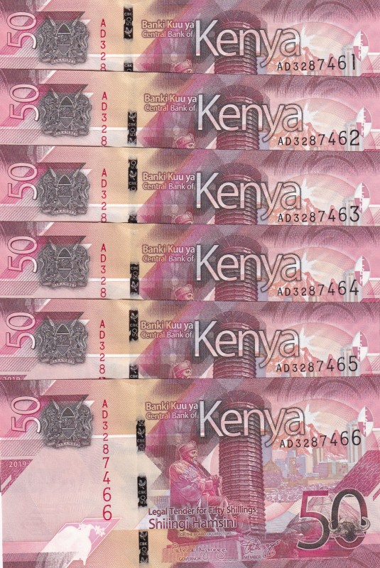 Kenya, 50 Shillings, 2019, UNC, pNew, (Total 6 consecutive banknotes)