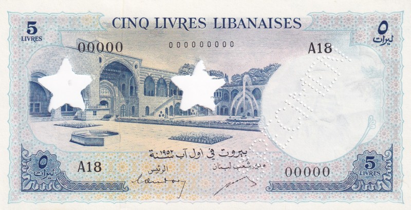 Lebanon, 5 Livres, 1952, UNC, p56s, SPECIMEN
Estimate: USD 150-300