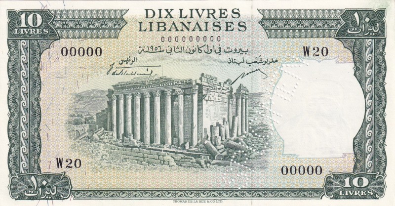 Lebanon, 10 Livres, 1956, UNC, p57s, SPECIMEN
Estimate: USD 200-400