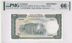 Lebanon, 10 Livres, 1956/1963, UNC, p57s2, SPECIMEN
PMG 66 EPQ
Estimate: USD 150-300