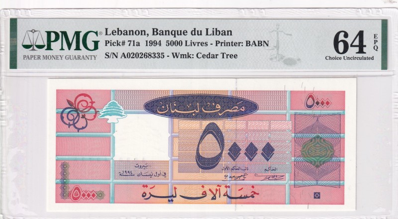 Lebanon, 5.000 Livres, 1994, UNC, p71a
PMG 64 EPQ
Estimate: USD 40-80