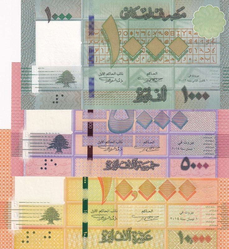 Lebanon, 1.000-5.000-10.000 Livres, 2014/2016, UNC, p90c; p91b; p92b, (Total 3 b...