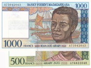 Madagascar, 500-1.000 Francs, 1994, UNC, p75b; p76b, (Total 2 banknotes)
Estimate: USD 15-30