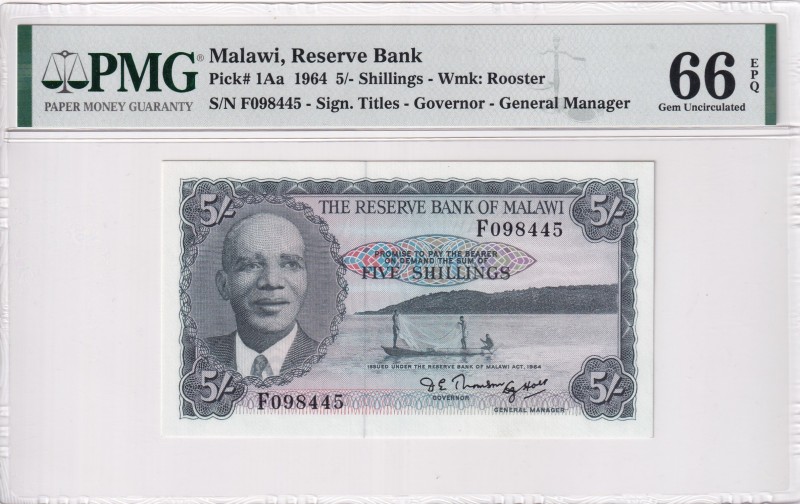 Malawi, 5 Shillings, 1964, UNC, p1Aa
PMG 66 EPQ
Estimate: USD 180-360
