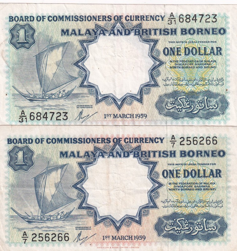 Malaya and British Borneo, 1 Dollar, 1959, VF(+), p8a, (Total 2 banknotes)
Esti...