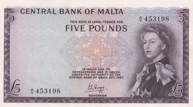 Malta, 5 Pounds, 1967, AUNC, p30a
Queen Elizabeth II. Potrait
Estimate: USD 50...