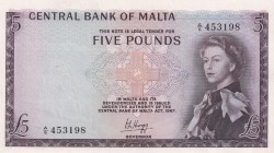 Malta, 5 Pounds, 1967, AUNC, p30a
Queen Elizabeth II. Potrait
Estimate: USD 500-1.000