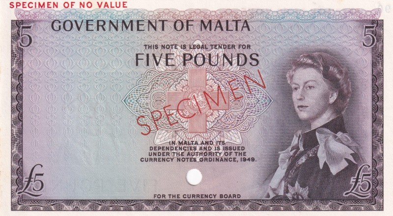 Malta, 5 Pounds, 1949, UNC, p30as, SPECIMEN
Queen Elizabeth II. Potrait
Estima...