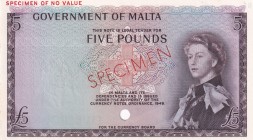 Malta, 5 Pounds, 1949, UNC, p30as, SPECIMEN
Queen Elizabeth II. Potrait
Estimate: USD 1.000-2.000