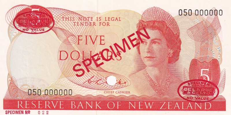 New Zealand, 5 Dollars, 1967/1981, UNC, p165s, SPECIMEN
Queen Elizabeth II. Pot...