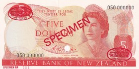 New Zealand, 5 Dollars, 1967/1981, UNC, p165s, SPECIMEN
Queen Elizabeth II. Potrait
Estimate: USD 450-900