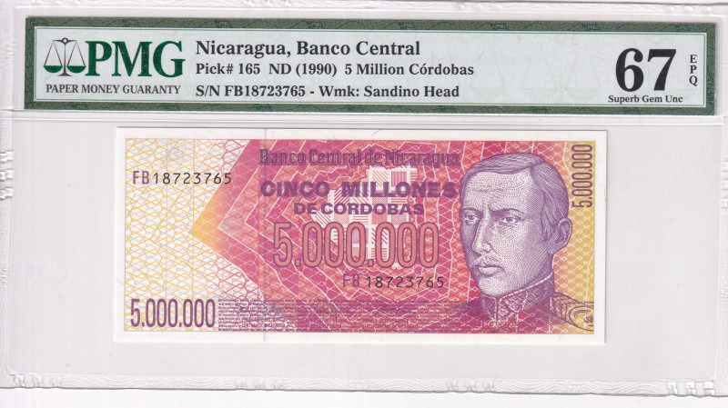 Nicaragua, 5 Million Cordobas, 1990, UNC, p165
PMG 67 EPQ, High condition
Esti...