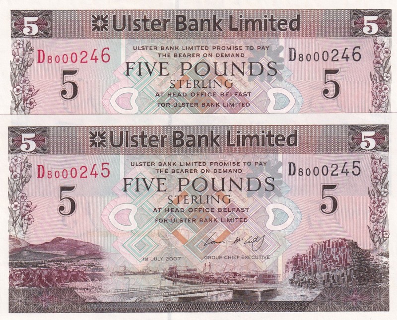 Northern Ireland, 5 Pounds, 2007, UNC, p340a, (Total 2 consecutive banknotes)
E...