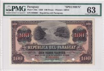 Paraguay, 100 Pesos, 1920, UNC, p146s, SPECIMEN
PMG 63
Estimate: USD 175-350