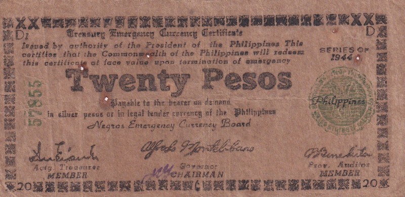 Philippines, 20 Pesos, 1944, FINE, pS680
There are pinholes
Estimate: USD 15-3...